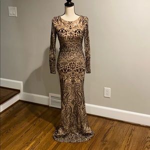Embellished Embroidered Long Sleeve Sequin Gown